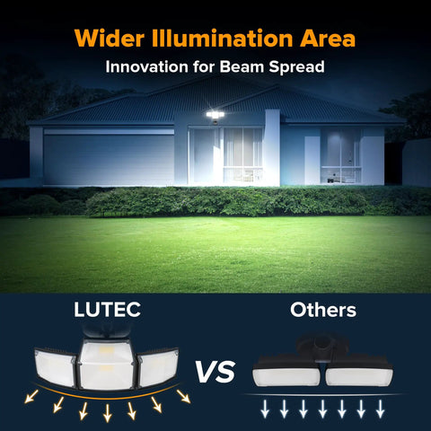 Hella Bright 80 Watt 9000 Lumens 4 Head Outdoor Security Flood Light With Hardwired Motion Sensor and Swivel Adjustable Heads illustrating broader beam coverage.