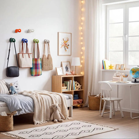 Set of Six Playful Ceramic Wall Hooks for Coats and Keys Game Changer Storage Solution in colorful bedroom setting.