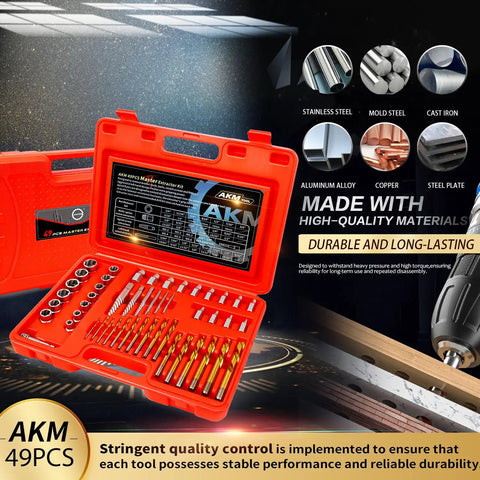 50 Piece Bolt Extractor Set With Pilot Center Pin, MultiSpline Extractors, Left Hand Cobalt Drill Bits, Nut Removers, Extension Bar