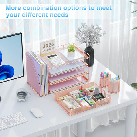 4 Tier Desk Organizer Set With File Holder, Drawer, And Two Pen Holders In Rose Gold on white desk with office supplies