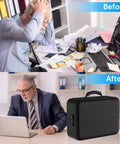 Before and after using Go To Fireproof Document Bag With Lock 5200F Heat Resistant Safe Storage For Important Documents Passports And Laptop 8 Layer Insulated File Organizer Portable Home Travel Safe Water Resistant Black. A cluttered desk and frustrated man contrast the tidy, organized workspace with the document bag in view.