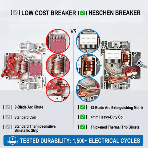 Comparison of Tough As Nails 32A DC Miniature Circuit Breaker Rated Up To 600VDC and Heschen Breaker internal components.