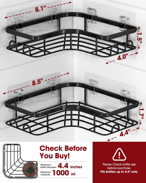 Corner Shower Caddy 2 Pack Adhesive Organizers For Bathroom No Drill Rustproof Stainless Steel Shelves With 8 Hooks Space Saving Black Medium For Easy Access installed in corner