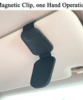 Hella Secure Magnetic Leather Car Visor Sunglasses Holder Stays Put With No Sweat, black clip mounted on car visor.