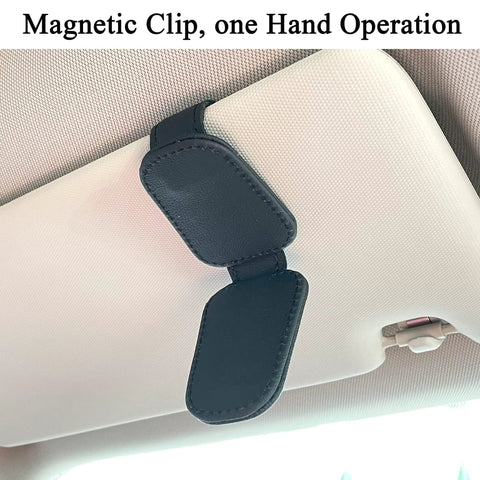 Hella Secure Magnetic Leather Car Visor Sunglasses Holder Stays Put With No Sweat, black clip mounted on car visor.