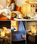 Fully Dimmable USB Bedside Lamps Set of 2 with square fabric shade in various settings, including bedroom, living room, and nursery