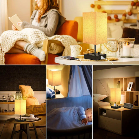 Fully Dimmable USB Bedside Lamps Set of 2 with square fabric shade in various settings, including bedroom, living room, and nursery