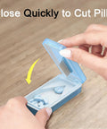 Person using blue pill cutter with removable silicone liner for precise cuts on any size pill at home.