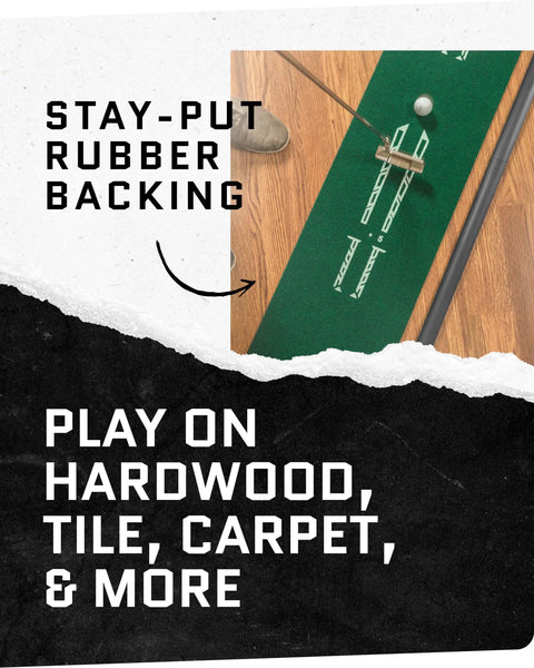 Accelerator Pro Indoor Golf Putting Mat With Auto Ball Return on hardwood floor, showcasing rubber-backed surface stability