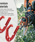 Red Aluminum Tree Climber Hook With One-Hand Operation, Compatible With Shem-biner XL Models, two hooks shown with a climber