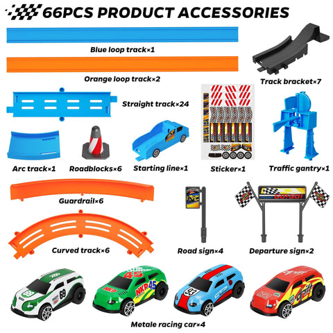 Dope Slot Car Race Track Set With 360 Degree Loops And Four High Speed Cars 64 Piece Large Flexible Raceway accessories overview