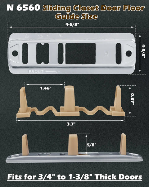 Sliding Closet Door Floor Guide Kit Compatible With Prime-Line N 6560, stamped steel base, adjustable brown nylon tips, 8 pieces, fits doors 0.75-1.375 inches