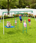Kids playing on backyard swing set with monkey bars, belt swing, platform swing, climbing net, trapeze bar, durable steel frame