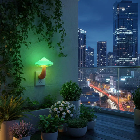 Two Pack LED Mushroom Night Lights Plug In Wall Lamps With 7 Color Changing Sensor glowing green beside city view balcony garden