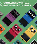 Colorful Boss compact pedals with text 'Compatible with all Boss compact pedals', focus on Bottom Plate Protective Cover For Compact Guitar Effects Pedals 3 Pack Easy Install Over Original Plate Secure Mounting To Pedalboards Velcro Friendly Surface Prevents Rubber Wear Keeps Your Gear Safe And Ready To Jam.
