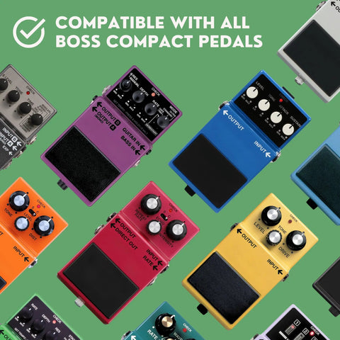 Colorful Boss compact pedals with text 'Compatible with all Boss compact pedals', focus on Bottom Plate Protective Cover For Compact Guitar Effects Pedals 3 Pack Easy Install Over Original Plate Secure Mounting To Pedalboards Velcro Friendly Surface Prevents Rubber Wear Keeps Your Gear Safe And Ready To Jam.