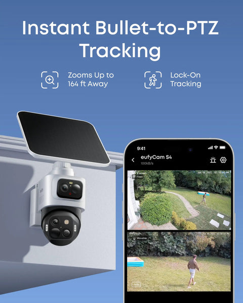 4K Solar Wireless Outdoor Security Camera Triple Lens Bullet PTZ, 360 Coverage, AI Recognition, smartphone monitoring display