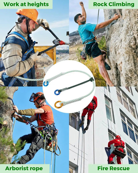 Collage of climbers and rescue workers using 6mm Prusik Loop Cord For Climbing And Rescue, Polyester Auxiliary Rope With 8kN Strength.