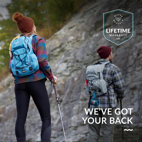 Hikers wearing 22L Hiking Hydration Backpack With Leakproof Water Bladder, trekking pole holders, trail daypack.