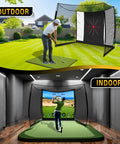 11x8Ft Golf Practice Net With Impact Screen, shown in outdoor backyard and indoor garage setups, for full swing and driving practice