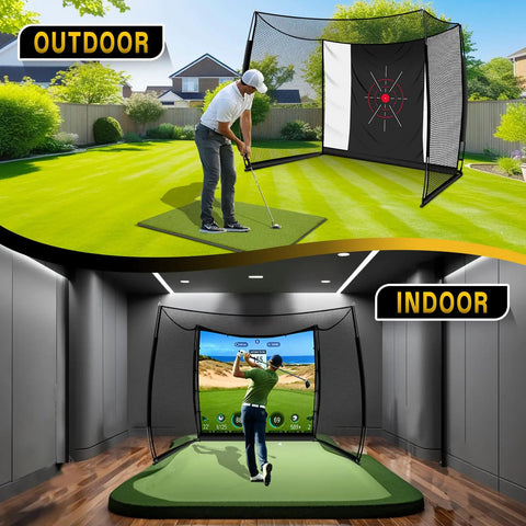 11x8Ft Golf Practice Net With Impact Screen, shown in outdoor backyard and indoor garage setups, for full swing and driving practice