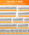 144 piece screwdriver bit set with CR-V material showing various sizes and types from 237 Piece Pro Grade Precision Screwdriver Bit Set Kit.