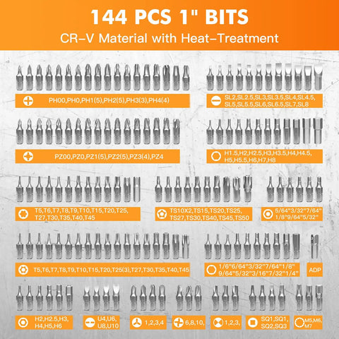 144 piece screwdriver bit set with CR-V material showing various sizes and types from 237 Piece Pro Grade Precision Screwdriver Bit Set Kit.