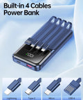 Premium Travel Essential Portable Charger Power Bank With Four Built In Cables And Hella Fast 20000mAh Capacity on blue background.