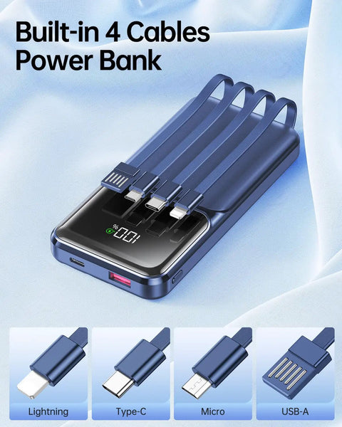 Premium Travel Essential Portable Charger Power Bank With Four Built In Cables And Hella Fast 20000mAh Capacity on blue background.