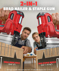 Heavy Duty Cordless Brad Nailer And Staple Gun Combo Made To Fit Milwaukee 18v Tools, with adjustable depth setting shown in use.