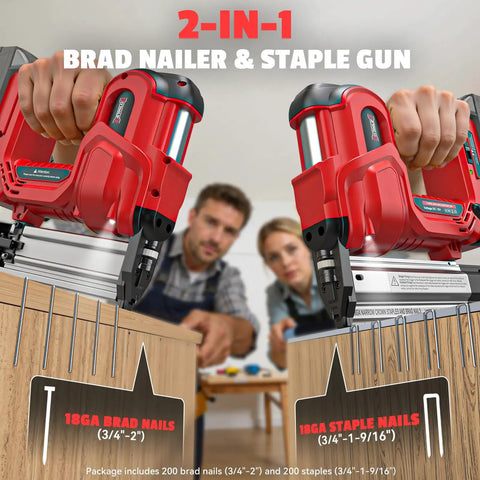 Heavy Duty Cordless Brad Nailer And Staple Gun Combo Made To Fit Milwaukee 18v Tools, with adjustable depth setting shown in use.