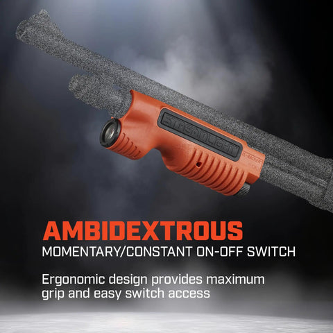 TL Racker 1000 Lumen 20000 Candela Forend Light With Ambidextrous Controls for Mossberg shotguns showing ergonomic orange grip