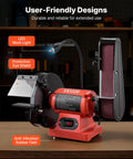Heavy Duty Eight Inch Bench Grinder Paired With Two By Twenty Eight Belt Sander Combo with LED light, protective shield and anti-vibration feet.