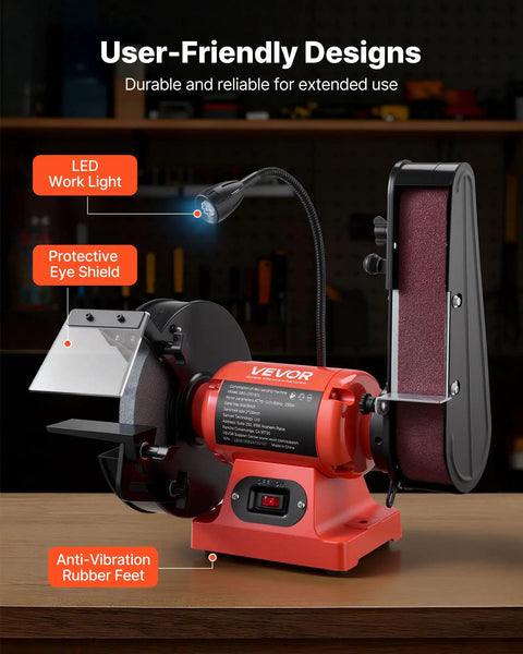 Heavy Duty Eight Inch Bench Grinder Paired With Two By Twenty Eight Belt Sander Combo with LED light, protective shield and anti-vibration feet.