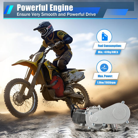 Rider on dirt bike with the Beefed Up High Performance 49cc 50cc 2 Stroke Dirt Bike Engine Kit With 7000 RPM Single Cylinder Pull Rope Start Motor For Dirt Bikes Pocket Bikes ATVs And Scooters in foreground