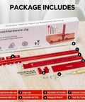 Pro Grade Aluminum Cabinet Hardware Jig For Handles Pulls And Knobs With Automatic Center Punch and Easy Install Template box and tools layout on table.
