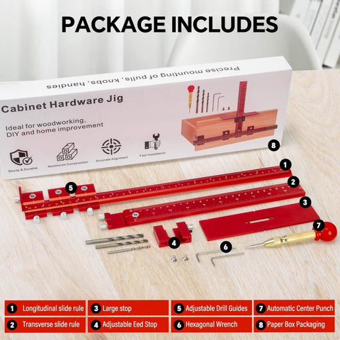 Pro Grade Aluminum Cabinet Hardware Jig For Handles Pulls And Knobs With Automatic Center Punch and Easy Install Template box and tools layout on table.