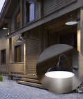 Outdoor Gooseneck Barn Light Fixture Satin Black With 17 Inch Shade And 14.5 Inch Extension Arm UL Listed illuminated at night