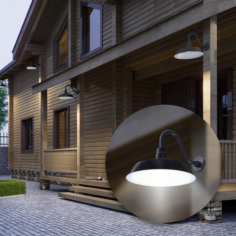 Outdoor Gooseneck Barn Light Fixture Satin Black With 17 Inch Shade And 14.5 Inch Extension Arm UL Listed illuminated at night