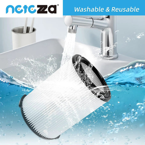 Go-To Universal Replacement Vacuum Filter Kit with filter being washed under running tap for Wet Dry Vacs 5-20 Gallon and 6-9 Gallon Models