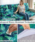 8 Pack Outdoor Cushion Covers Water Resistant High Stretch Fit For 20 To 27 Inch Patio Cushions 180G Machine Washable Slipcovers For Pets And Kids Freshen Up Your Patio Sofa With Palm Leaves Pattern showing water resistance and easy-clean surface.