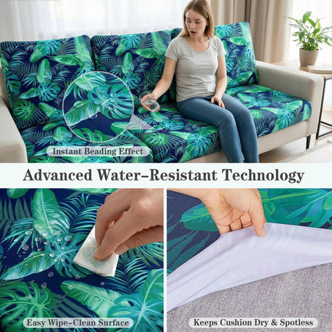 8 Pack Outdoor Cushion Covers Water Resistant High Stretch Fit For 20 To 27 Inch Patio Cushions 180G Machine Washable Slipcovers For Pets And Kids Freshen Up Your Patio Sofa With Palm Leaves Pattern showing water resistance and easy-clean surface.