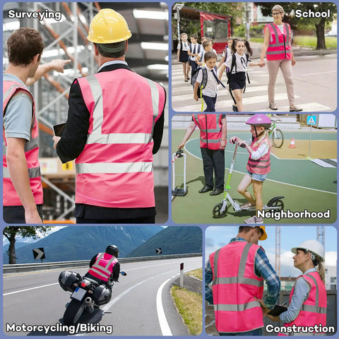 Rock This Neon Pink Three Pack Reflective Safety Vest For Men And Women Featuring Bold Two Inch Strips For Genuine High Visibility Coverage On Active Job Sites And Nighttime Outdoor Tasks Stay Safe Out There Straight Up Every Single Day worn in various settings like school, construction, surveying.