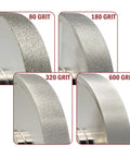 Close-up of four CBN grinding wheels showing different grits, including the Six Inch CBN Grinding Wheel For High Speed Steel Tools One Inch Wide Half Inch Arbor Diamond Grit 180 Electroplated Bond Built To Last Wear Resistant Sharpen Your Cutting Tools Long Lasting Edge Industrial Grade Tool Grinding Wheel at 180 grit, alongside others at 80, 320, and 600 grit.