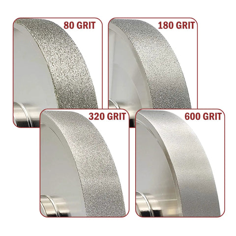 Close-up of four CBN grinding wheels showing different grits, including the Six Inch CBN Grinding Wheel For High Speed Steel Tools One Inch Wide Half Inch Arbor Diamond Grit 180 Electroplated Bond Built To Last Wear Resistant Sharpen Your Cutting Tools Long Lasting Edge Industrial Grade Tool Grinding Wheel at 180 grit, alongside others at 80, 320, and 600 grit.