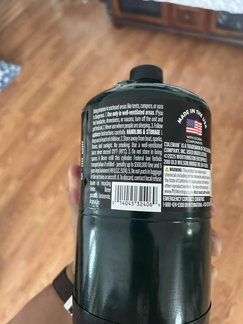 Label on Pre Filled 1 Lb Propane Cylinders Six Pack For Camping And Outdoorsy Adventures Durable Steel Build Green Color Made In US