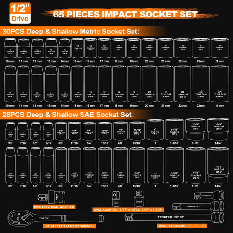 Impact Socket Set 1/2 Inch Drive, 65-Piece Kit with deep and shallow metric and SAE sockets, includes extensions and adapter chart.