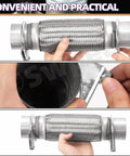 Heavy Duty Universal Stainless Steel Exhaust Flex Pipe Kit with 1.75 Inch Tube in hand, showcasing braided design and clamps.