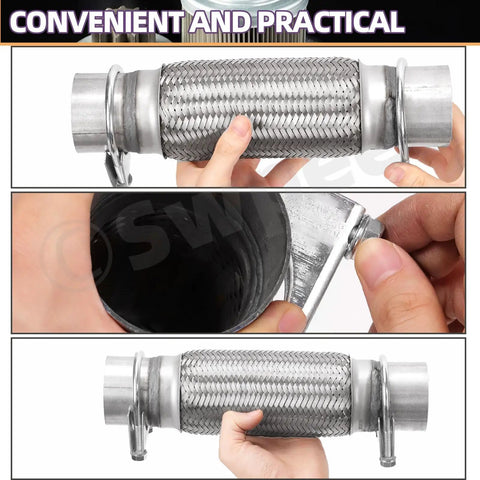 Heavy Duty Universal Stainless Steel Exhaust Flex Pipe Kit with 1.75 Inch Tube in hand, showcasing braided design and clamps.