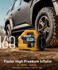 Cordless Tire Inflator Deflator With 160 PSI High Pressure Digital Gauge Auto Shut Off LED Light Compatible With DeWalt 20V Max Battery Also Works With Mellif Batteries Portable Air Pump For Cars Bikes Balls On The Go next to a car tire on dirt